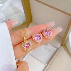 Gold Filled Cubic Zirconia Pink Heart Necklace Set